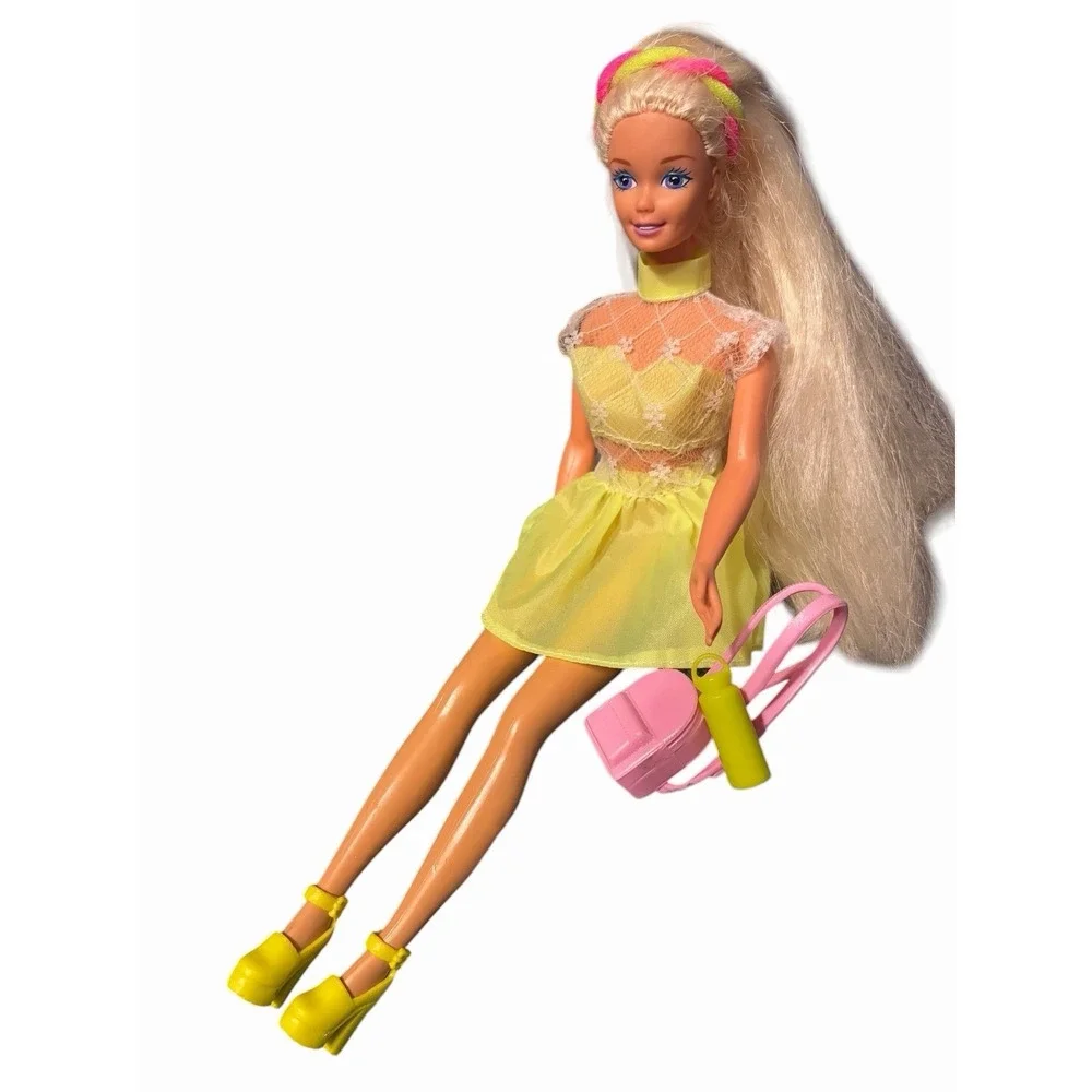 Vintage 90's Blonde Barbie Doll  With Purple Eyes  Neon Outfit With Accessories‎